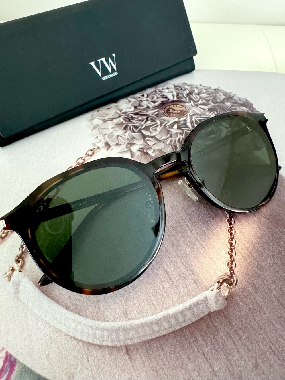 Vera Wang Tortoiseshell Frame Polarized Sunglasses with Dark Green Lenses
